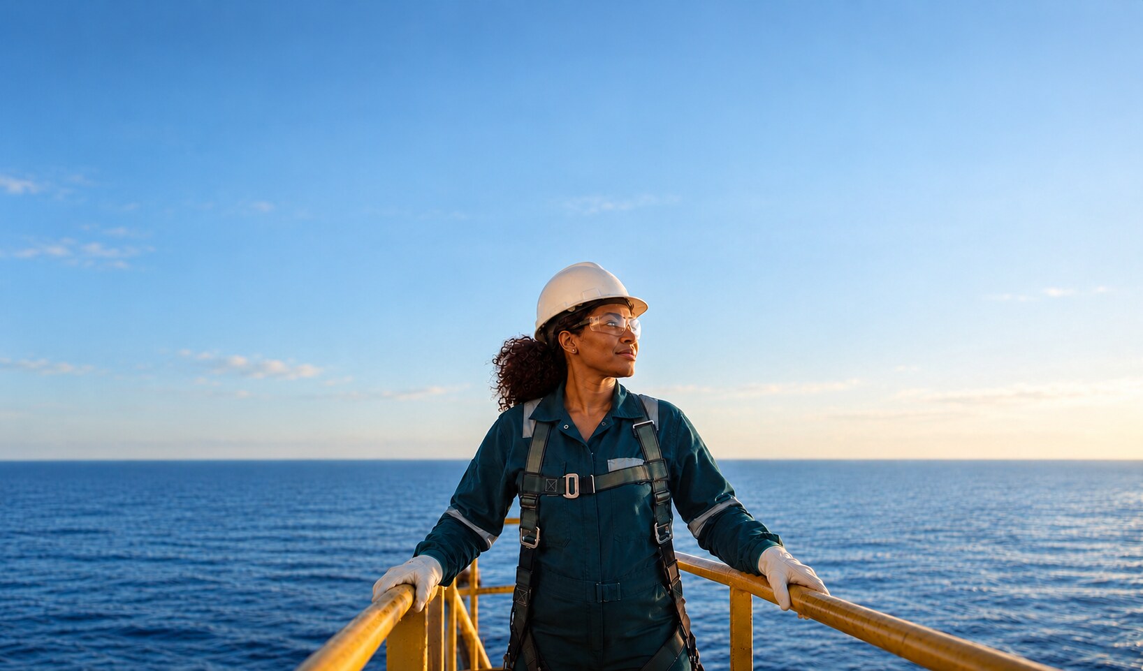 Profissional de operação, com capacete e óculos de proteção, olhando o horizonte sobre o mar ao entardecer.